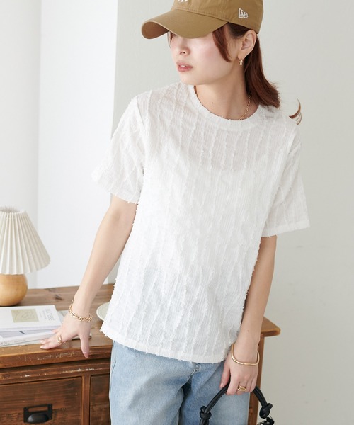 DISCOAT(ディスコート)の「【WEB限定】ジャガード半袖T(Tシャツ/カットソー・レディース・アイボリー/ブラック/グリーン系その他2/ホワイト・MEDIUM)」の7枚目の写真