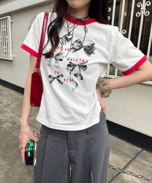 nemne store（ネンネストア）の「【サイズアソート(クロップドサイズ有り)】アソートリンガーTシャツ（Tシャツ/カットソー・レディース・ホワイト系3/オートミール/ホワイト系2/ホワイト系/イエロー/レッド/ライトブルー/ネイビー系2/ネイビー系・MEDIUM/LARGE/SMALL）」の3枚目の写真