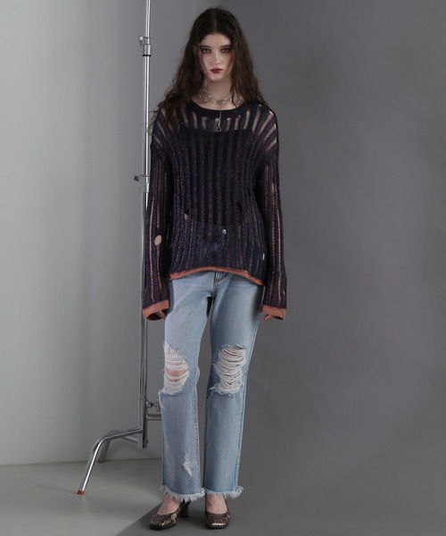 CREOLME(クレオルム)の「(CREOLME)ダメージシアーニット(ニット/セーター・レディース・ベージュ/ネイビー・FREE)」の15枚目の写真