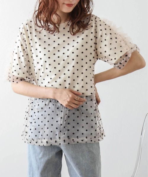 AMELY（エミリー）の「ドットチュールレイヤードTシャツ（Tシャツ/カットソー・レディース・ネイビー/ホワイト/ブラック/ベージュ・フリー）」の4枚目の写真