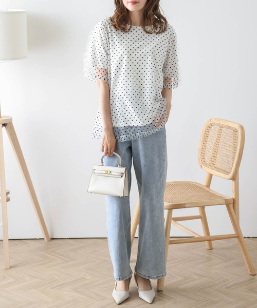 AMELY（エミリー）の「ドットチュールレイヤードTシャツ（Tシャツ/カットソー・レディース・ネイビー/ホワイト/ブラック/ベージュ・フリー）」の10枚目の写真