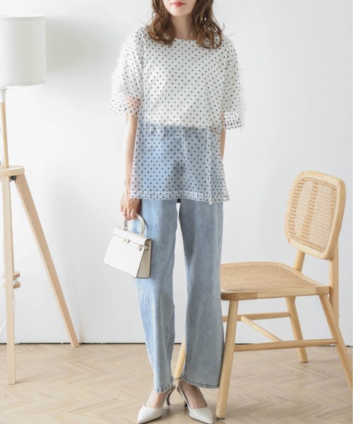 AMELY（エミリー）の「ドットチュールレイヤードTシャツ（Tシャツ/カットソー・レディース・ネイビー/ホワイト/ブラック/ベージュ・フリー）」の11枚目の写真