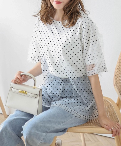 AMELY（エミリー）の「ドットチュールレイヤードTシャツ（Tシャツ/カットソー・レディース・ネイビー/ホワイト/ブラック/ベージュ・フリー）」の12枚目の写真
