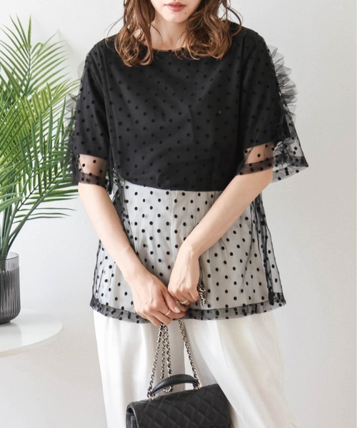 AMELY（エミリー）の「ドットチュールレイヤードTシャツ（Tシャツ/カットソー・レディース・ネイビー/ホワイト/ブラック/ベージュ・フリー）」の18枚目の写真
