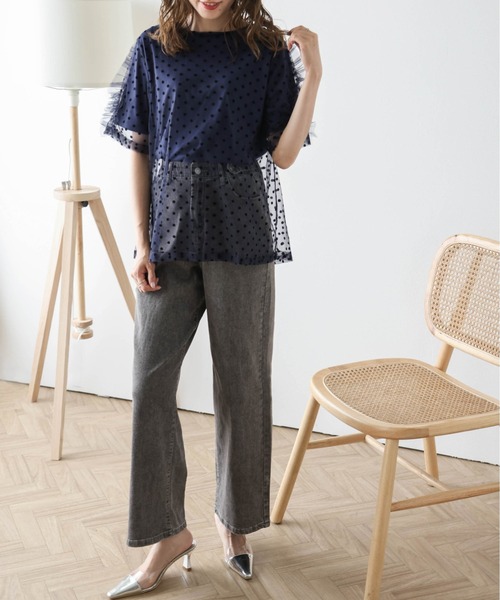 AMELY（エミリー）の「ドットチュールレイヤードTシャツ（Tシャツ/カットソー・レディース・ネイビー/ホワイト/ブラック/ベージュ・フリー）」の20枚目の写真