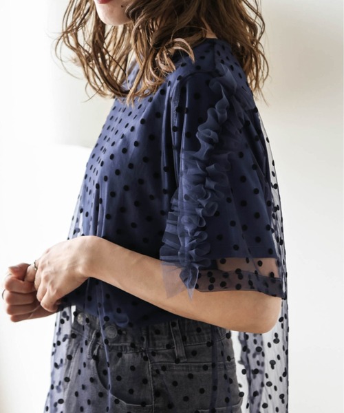 AMELY（エミリー）の「ドットチュールレイヤードTシャツ（Tシャツ/カットソー・レディース・ネイビー/ホワイト/ブラック/ベージュ・フリー）」の21枚目の写真