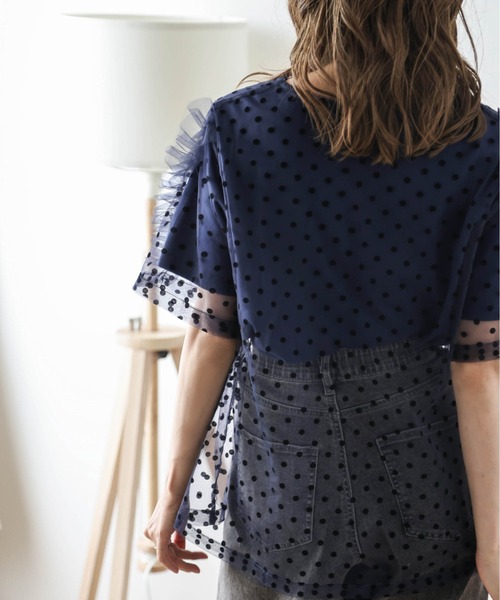 AMELY（エミリー）の「ドットチュールレイヤードTシャツ（Tシャツ/カットソー・レディース・ネイビー/ホワイト/ブラック/ベージュ・フリー）」の22枚目の写真