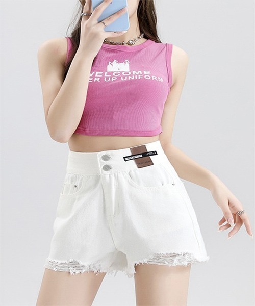 Dream garden(ドリームガーデン)の「2ボタンハイウエスト ダメージデニム ショートパンツ(デニムパンツ・レディース・ホワイト/ブラック/ブルー・M/L/XL/S/2XL)」の6枚目の写真