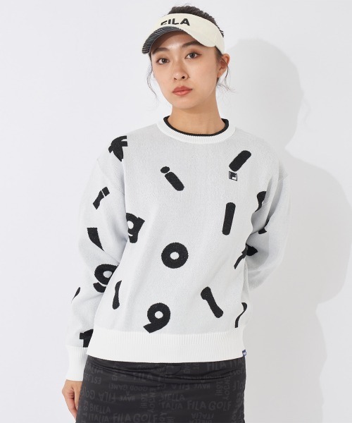 a458　CPG GOLF クルーネック　ロゴ柄　ニット　白 セール】クルーネックセーター（ニット/セーター）｜FILA GOLF