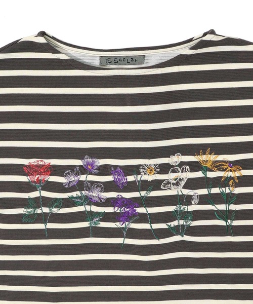 iS ScoLar - イズスカラ543216花刺繍ボーダー袖シャーリング2WAYロングスリーブTシャツ 楽天市場】イズスカラー ISSCOLAR 花刺繍 ボーダー 袖