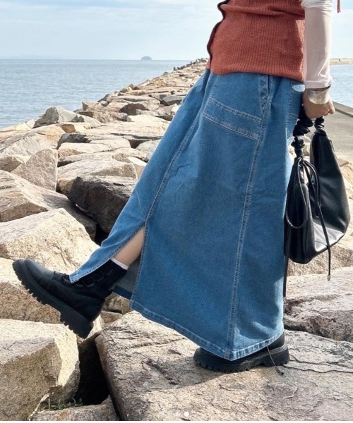 【セール】10ozストレッチデニム ベイカースカート / ウエストゴム スリット ナチュラル フレンチ レトロ ヴィンテージ シティガール（デニムスカート）｜LOSUCA（ロスカ）