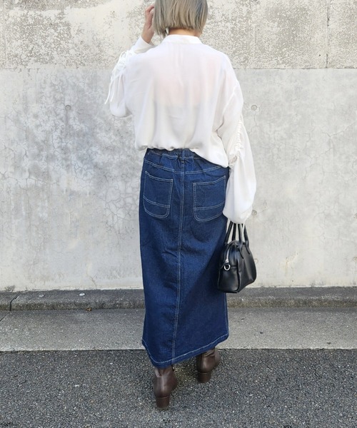 LOSUCA(ロスカ)の「10ozストレッチデニム ベイカースカート / ウエストゴム スリット ナチュラル フレンチ レトロ ヴィンテージ シティガール(デニムスカート・レディース・ネイビー/ブルー・FREE)」の5枚目の写真