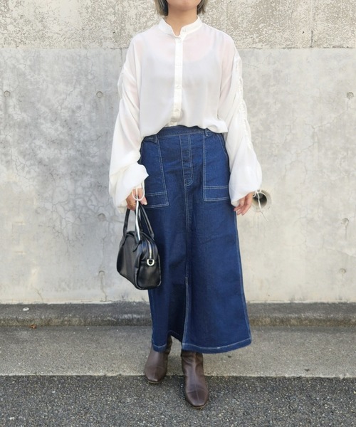 LOSUCA(ロスカ)の「10ozストレッチデニム ベイカースカート / ウエストゴム スリット ナチュラル フレンチ レトロ ヴィンテージ シティガール(デニムスカート・レディース・ネイビー/ブルー・FREE)」の3枚目の写真