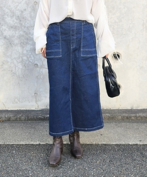 LOSUCA(ロスカ)の「10ozストレッチデニム ベイカースカート / ウエストゴム スリット ナチュラル フレンチ レトロ ヴィンテージ シティガール(デニムスカート・レディース・ネイビー/ブルー・FREE)」の7枚目の写真