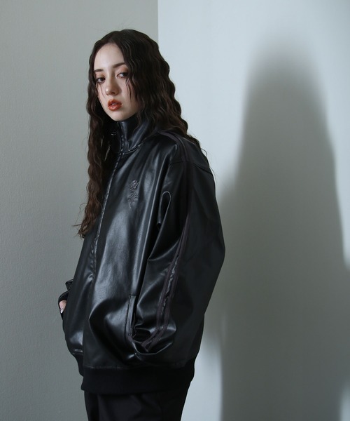 セール】薔薇 刺繍 ライン フェイク レザージャケット（ブルゾン