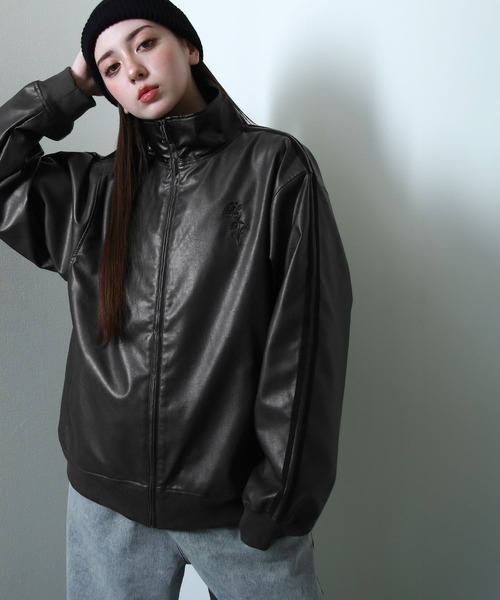 セール】薔薇 刺繍 ライン フェイク レザージャケット（ブルゾン