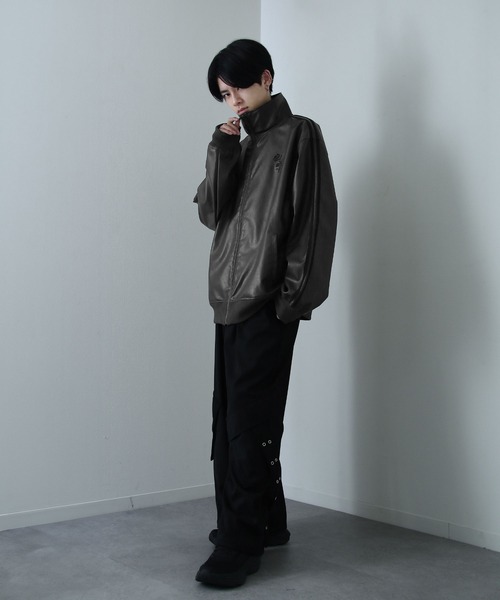 セール】薔薇 刺繍 ライン フェイク レザージャケット（ブルゾン