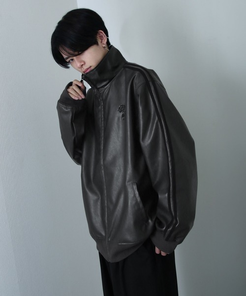 セール】薔薇 刺繍 ライン フェイク レザージャケット（ブルゾン