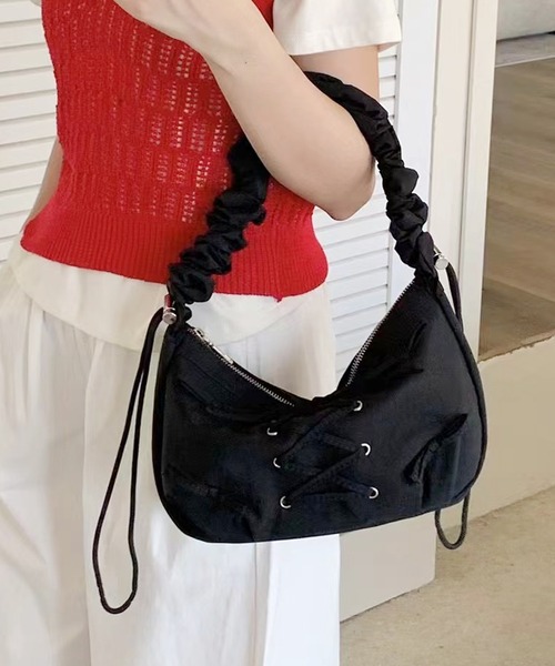 【PoyoPoyo♪プロフィール必読♪様オーダー】ハンドメイドシャーリングバッグ セール】編み上げリボンデザイン シャーリングショルダーバッグ 2way