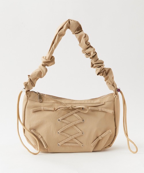 【PoyoPoyo♪プロフィール必読♪様オーダー】ハンドメイドシャーリングバッグ 編み上げリボンデザイン シャーリングショルダーバッグ 2way