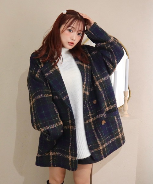 CECIL McBEE（セシルマクビー）の「ブークレチェックダブルジャケットコート（チェスターコート・レディース・オレンジ/ブラウン/ブルー・LARGE/MEDIUM）」の2枚目の写真