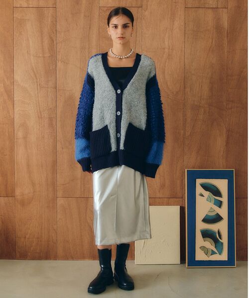 Editt by YECCA VECCA（エディットバイイェッカヴェッカ）の「ブロッキングMIX編みカーディガン（カーディガン/ボレロ・レディース・グレー/ブルー・FREE）」の12枚目の写真