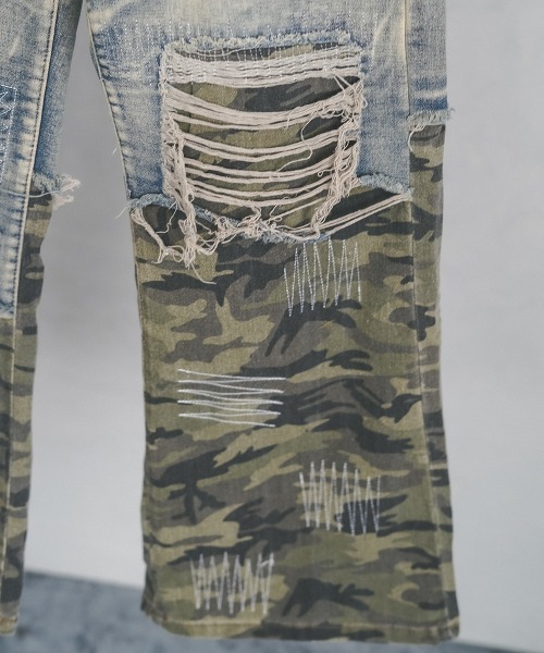 セール】Vintage wash switching camo flare denim pants