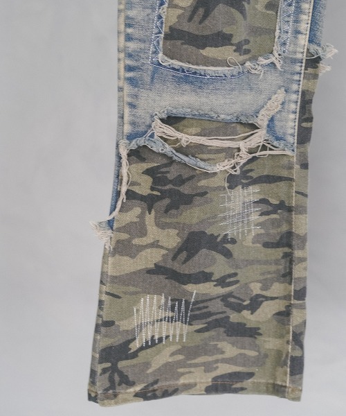 カモフラージュフレアデニムパンツ セール】Vintage wash switching camo flare denim pants