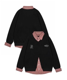 【HOOK】for girls チェック柄シャツ+無地カーデレイヤード風トップス