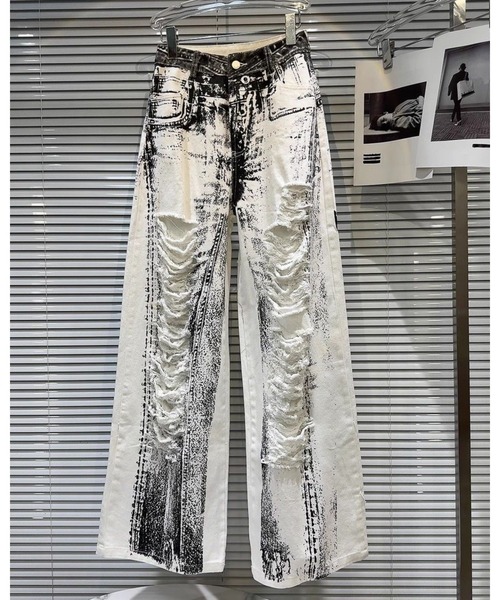 FUNdaysion(ファンデイション)の「トリックプリントクラッシュダメージワイドパンツ(デニムパンツ・レディース・ホワイト・S/M/L)」の19枚目の写真