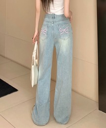 『Lilamusant(リラミュゾン)》 バックリボン刺繍ポケットワイドストレートデニムパンツ バレエコア Y2K 韓国ストリート