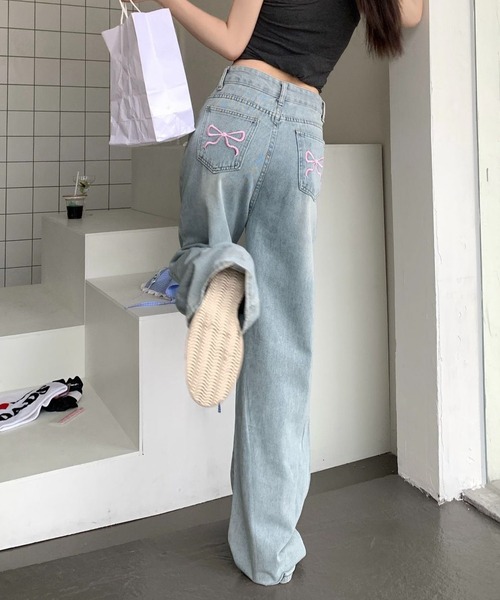 Lilamusant(リラミュゾン)の「『Lilamusant(リラミュゾン)》 バックリボン刺繍ポケットワイドストレートデニムパンツ バレエコア Y2K 韓国ストリート(デニムパンツ・レディース・ブルー・L/M/S)」の7枚目の写真