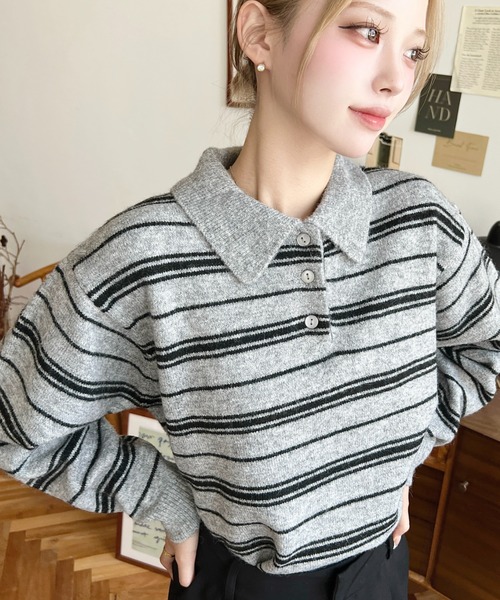 ボーダー柄ポロニットプルオーバー（ニット/セーター）｜LOULOU