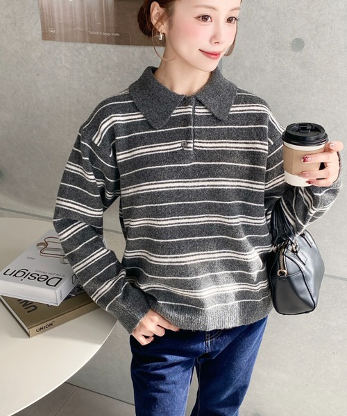 セール】ボーダー柄ポロニットプルオーバー（ニット/セーター