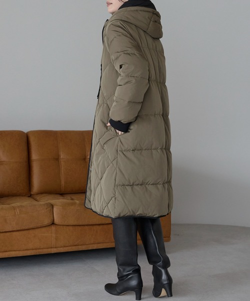 新品 バイカラーロングコート ダウン・フェザー カーキ XL セール】バイカラーロングコート（配色/軽量/ダウン/フェザー