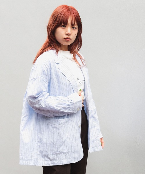 BEAMS BOY（ビームスボーイ）の「ストライプ チェック ビッグ ジャケット（テーラードジャケット・レディース・サックスブルー/ブラウン・ONE SIZE）」の4枚目の写真