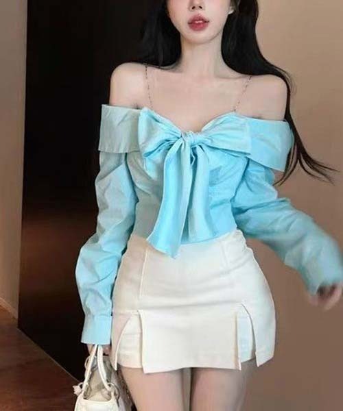 gossip!ロサンゼルス(ゴシップロサンゼルス)の「Y2K 肩開き リボン ワンショルダーシャツ オフショルダー シャツ(その他トップス・レディース・ホワイト/ブルー・FREE)」の12枚目の写真