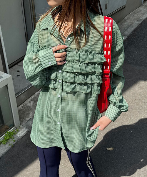 【美品】フリルドッキングオーバーシャツ グリーン フリルドッキングオーバーシャツ/シアー（シャツ/ブラウス