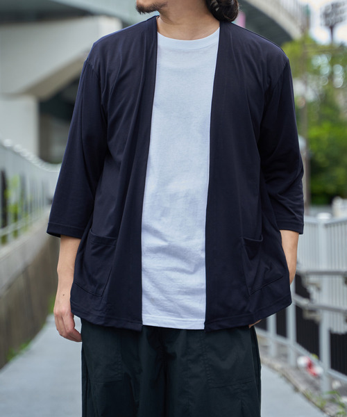 ikka(イッカ)の「7分袖バイカラーボタンレスカーディガン(カーディガン/ボレロ・メンズ・ブラック/ネイビー/ライトグレー/ライム・M/L/XL/S)」の4枚目の写真