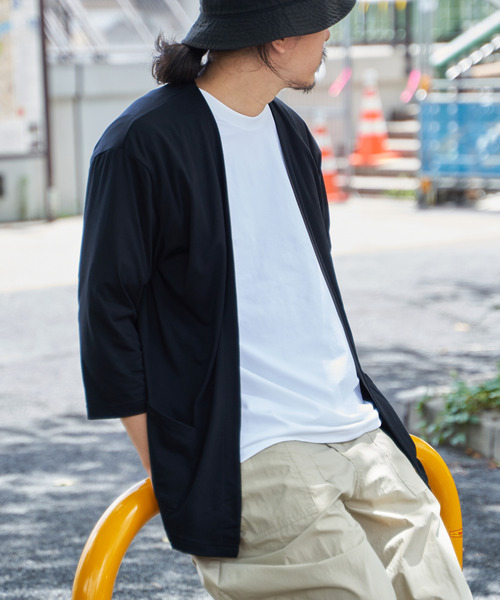 ikka(イッカ)の「7分袖バイカラーボタンレスカーディガン(カーディガン/ボレロ・メンズ・ブラック/ネイビー/ライトグレー/ライム・M/L/XL/S)」の2枚目の写真