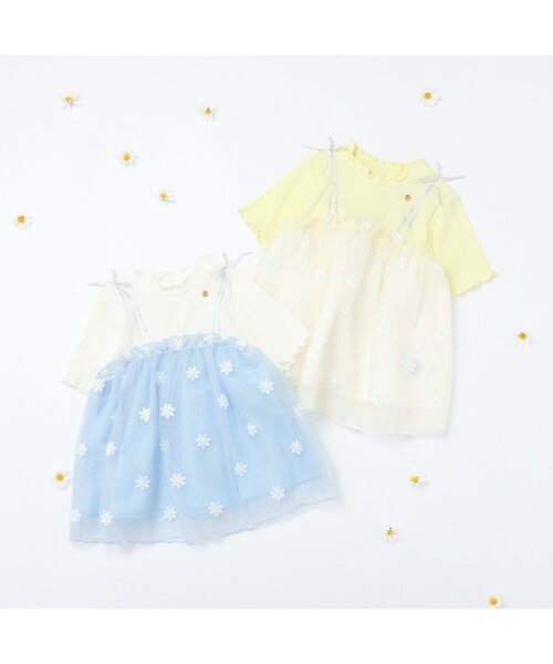 apres les cours（アプレレクール）の「【ジュニア対応】お花刺繍ドッキングチュール半袖トップス（Tシャツ/カットソー・キッズ・サックスブルー/イエロー・80/90/100/110/120/130/140）」の8枚目の写真