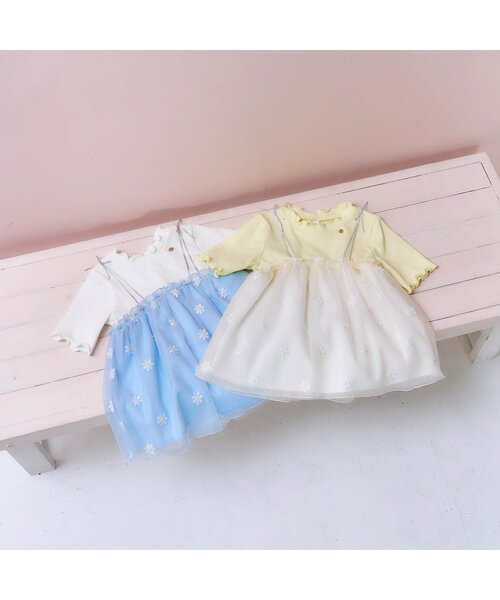 apres les cours（アプレレクール）の「【ジュニア対応】お花刺繍ドッキングチュール半袖トップス（Tシャツ/カットソー・キッズ・サックスブルー/イエロー・80/90/100/110/120/130/140）」の9枚目の写真