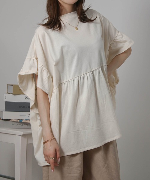 Social GIRL（ソーシャルガール）の「袖フリルペプラムトップス オーバーサイズTシャツ（Tシャツ/カットソー・レディース・アイボリー/ブラック/チャコール・M）」の6枚目の写真