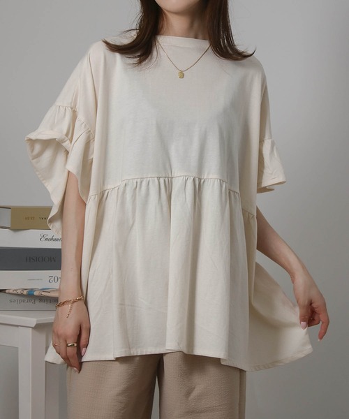 Social GIRL（ソーシャルガール）の「袖フリルペプラムトップス オーバーサイズTシャツ（Tシャツ/カットソー・レディース・アイボリー/ブラック/チャコール・M）」の7枚目の写真