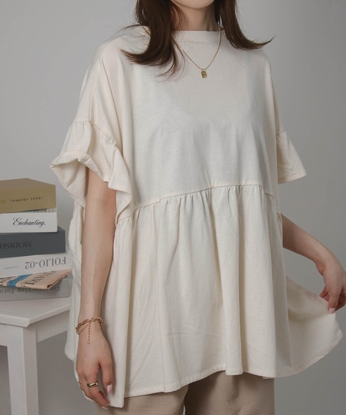 Social GIRL（ソーシャルガール）の「袖フリルペプラムトップス オーバーサイズTシャツ（Tシャツ/カットソー・レディース・アイボリー/ブラック/チャコール・M）」の9枚目の写真