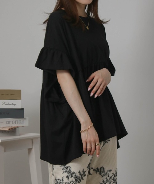 Social GIRL（ソーシャルガール）の「袖フリルペプラムトップス オーバーサイズTシャツ（Tシャツ/カットソー・レディース・アイボリー/ブラック/チャコール・M）」の13枚目の写真