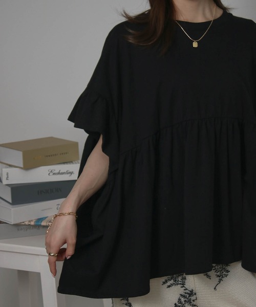 Social GIRL（ソーシャルガール）の「袖フリルペプラムトップス オーバーサイズTシャツ（Tシャツ/カットソー・レディース・アイボリー/ブラック/チャコール・M）」の16枚目の写真