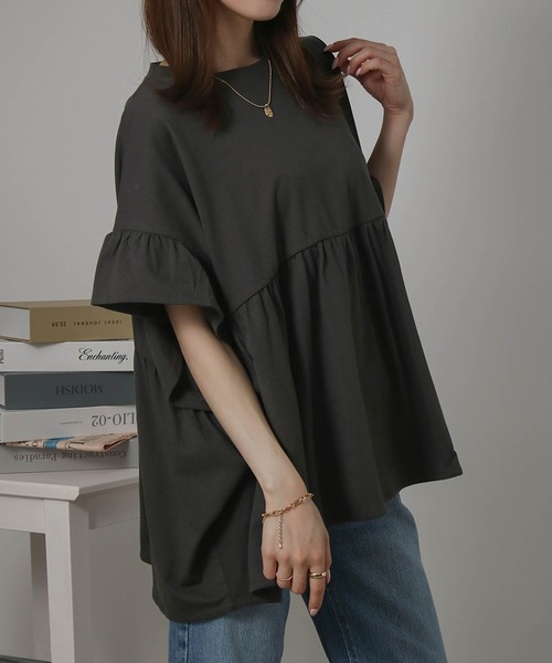 Social GIRL（ソーシャルガール）の「袖フリルペプラムトップス オーバーサイズTシャツ（Tシャツ/カットソー・レディース・アイボリー/ブラック/チャコール・M）」の19枚目の写真