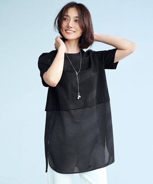 ICB（アイシービー）の「シアージャージーコンビカットソー（Tシャツ/カットソー・レディース・アイボリー系/ダークブラウン系/ブラック系/グレー系・LARGE/X-LARGE）」の2枚目の写真