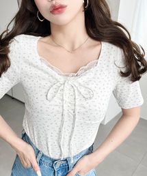 【累計販売枚数1万枚突破！】無地＆ドット＆花柄プリントフロントレース半袖ギャザーリボントップス